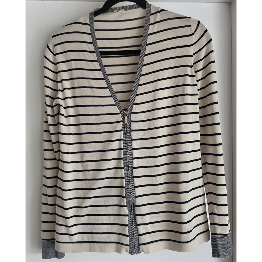 Malo Italy Cardigan Women Beige Black Striped Cotton Long Sleeve Classic Coastal